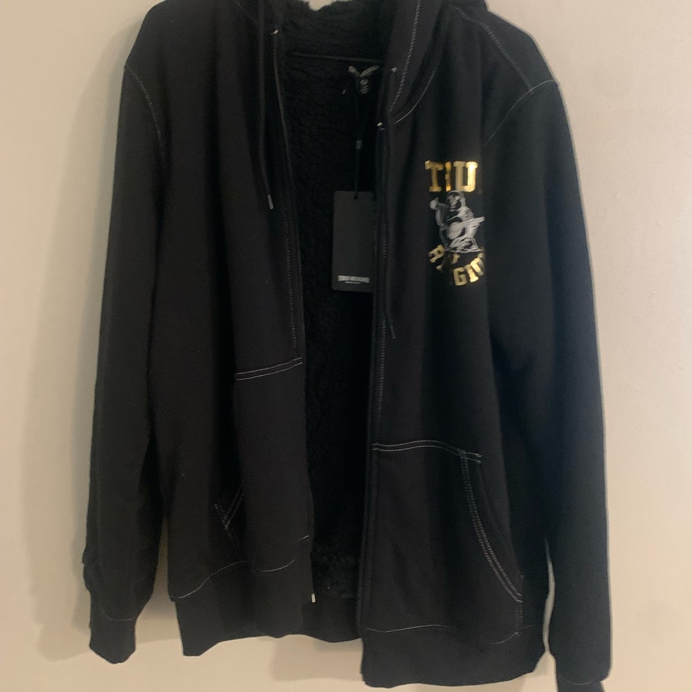 True Religion Black Zip-Up Hoodie with Gold Logo
